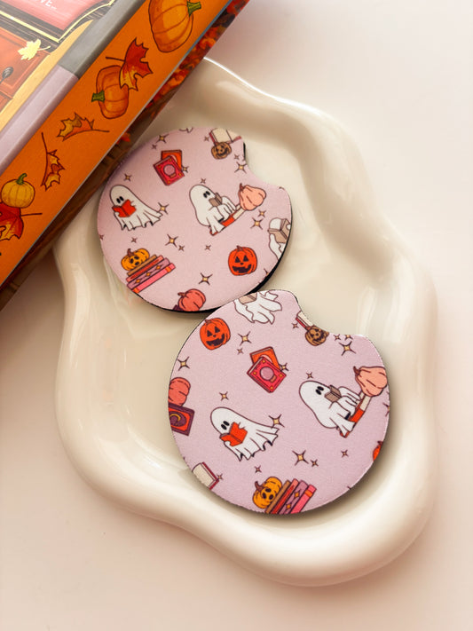ghostie reads -car coasters set of 2